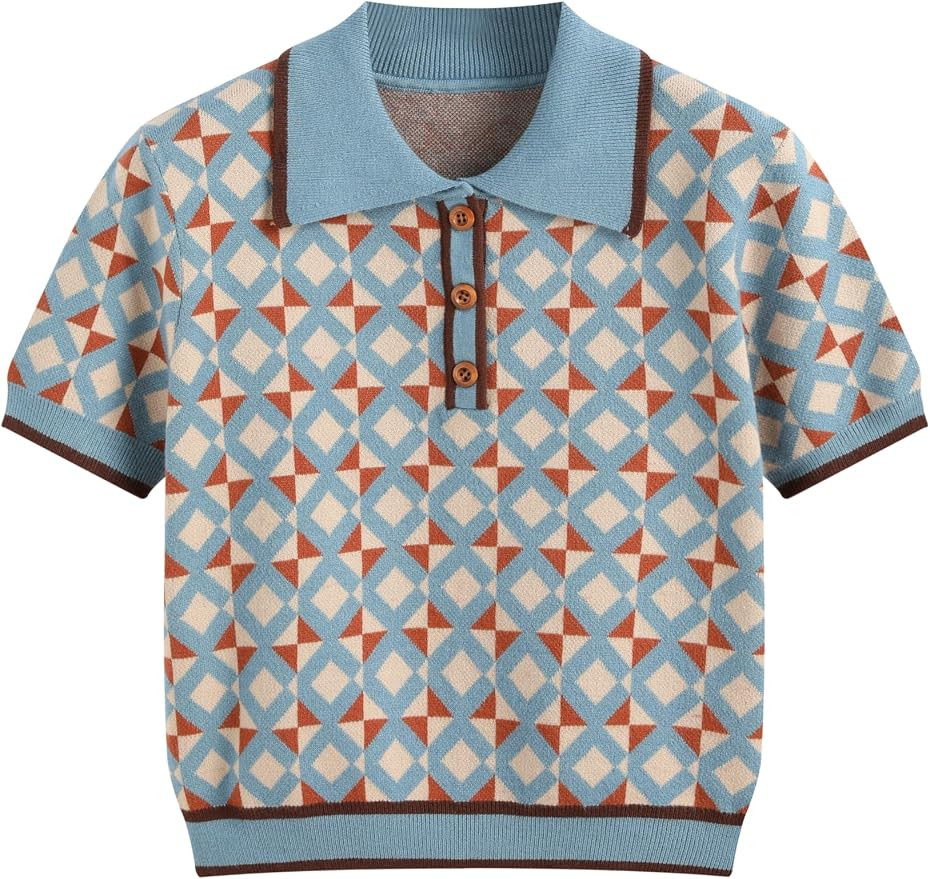 CIDER Women's Knit Collar Geometric Button Short Sleeve Top | Amazon (US)