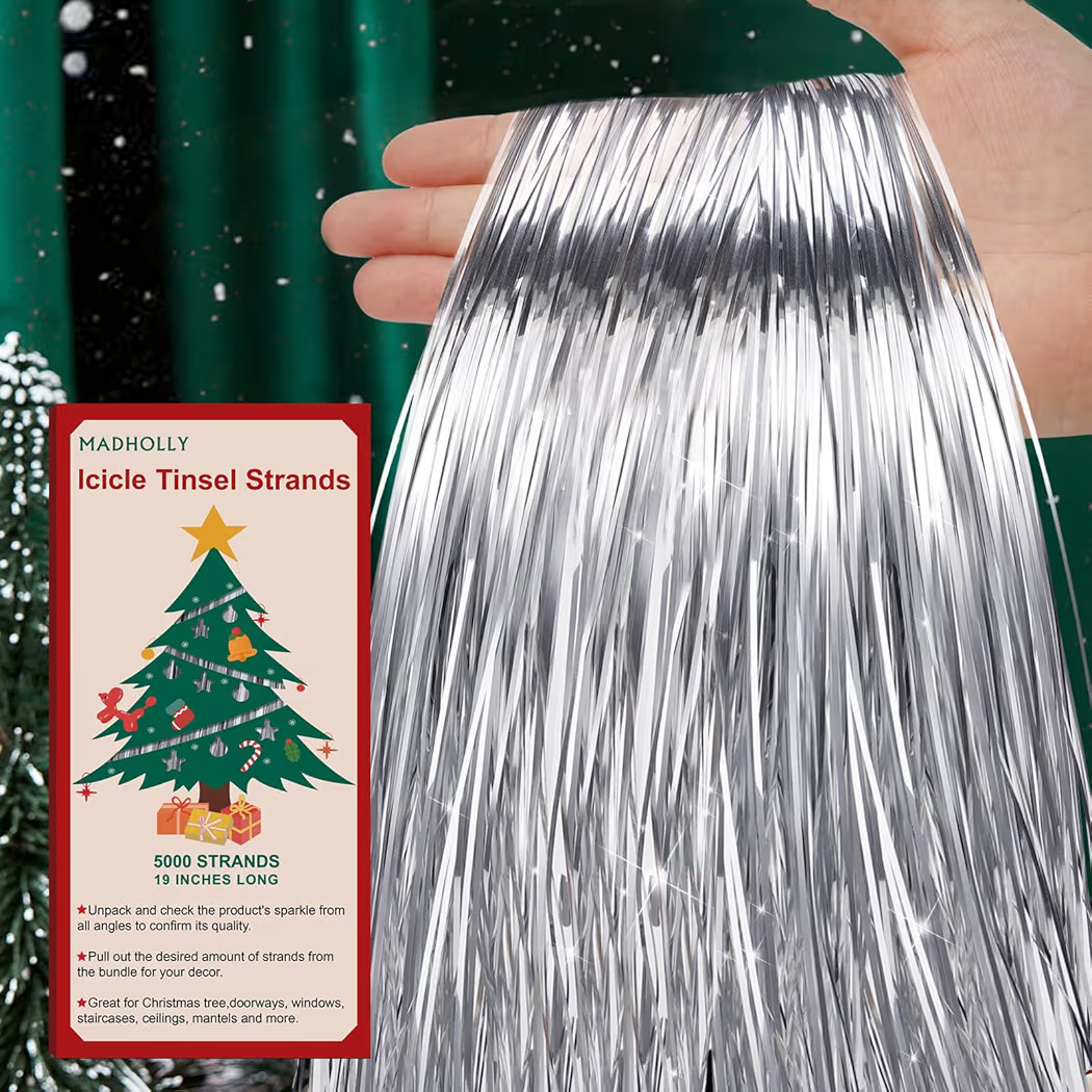 Tinsel Icicles- 5000 Strands 19" Icicle Tinsel Strands for Christmas Tree- Shiny Foil Fringes Tin... | Amazon (US)