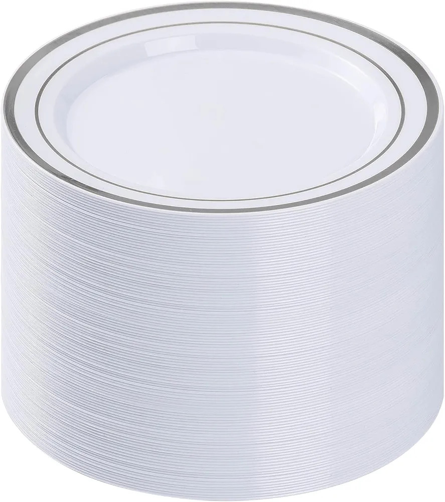 BESTVIP 100PCS Silver Plastic Plates, 10.25 Inch Disposable Dinner Plate Party with Silver Rim fo... | Amazon (US)