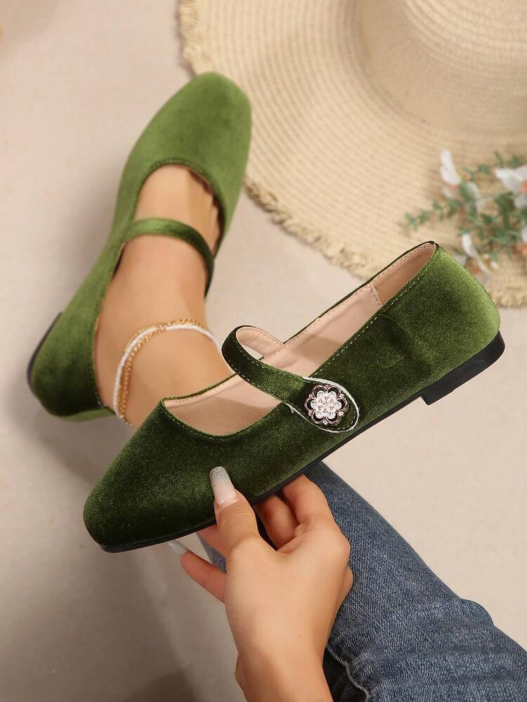Women's Plus Size US 5-9 Suede Square Toe Flat Shoes, Beige Fashion Slip-On Flats, Green Casual Wear, Gold Strap Suitable With Dress, Spring/Autumn | SHEIN