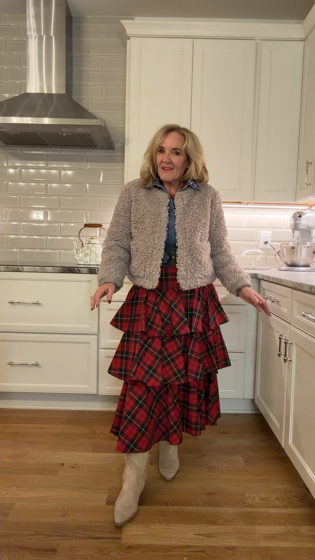 Sherpa lady jacket size medium 
Denim shirt size medium 
Skirt size 8 
Boots size up! 

Cowboy Christmas Nashville Christmas plaid skirt Walmart fashion 

#LTKOver40 #LTKHoliday #LTKFindsUnder100