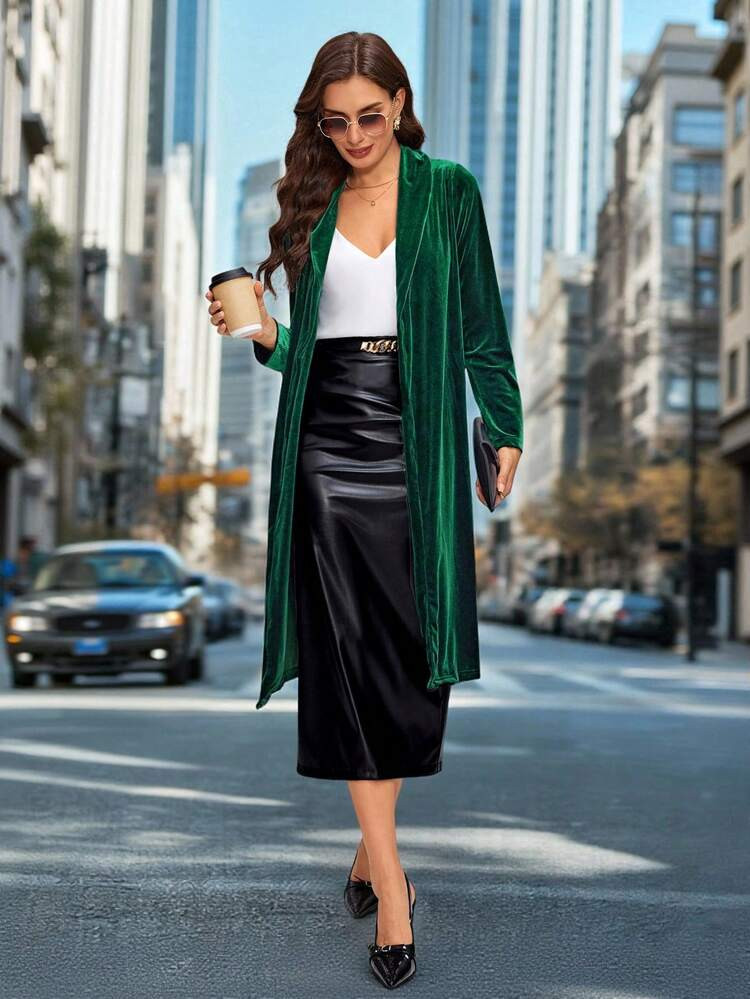 SHEIN Clasi Shawl Collar Open Front Velvet Coat Suitable For Daily Commuting | SHEIN