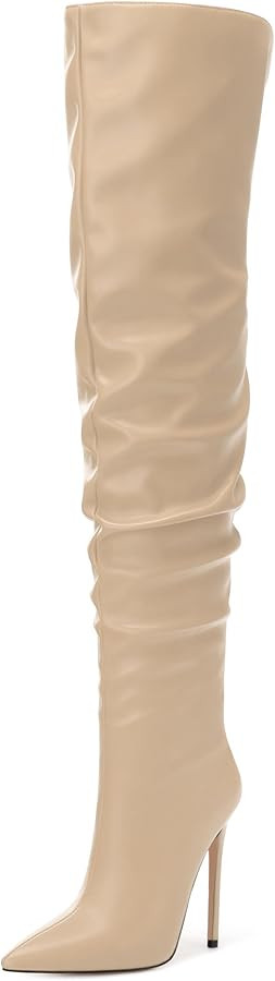 JUSTDANNI Women's Thigh High Boots Over The Knee Slouchy Boots with Pointed Toe High Stiletto Hee... | Amazon (US)