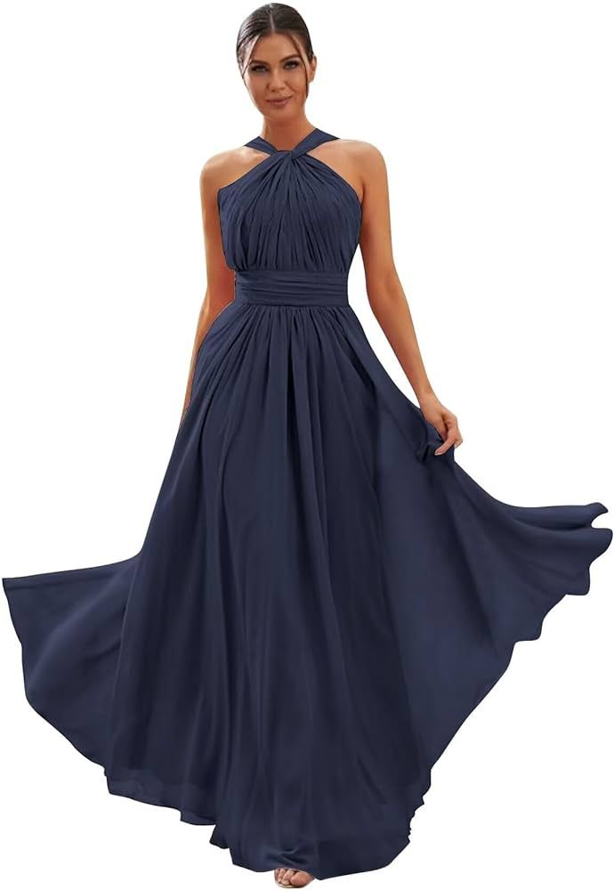 Halter Chiffon Bridesmaid Dresses for Women A Line Long Pleated Formal Gown Evening Dresses | Amazon (US)