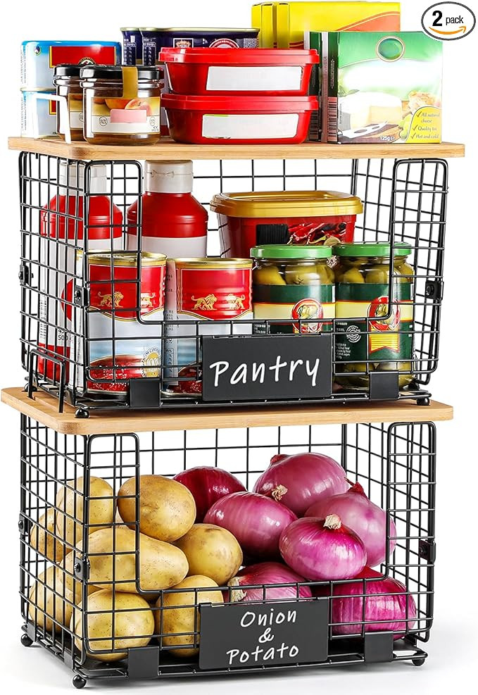 2 Set XL Stackable Wire Basket with Bamboo Tops & Tags- Pantry Organizer and Storage Bins, Kitche... | Amazon (US)