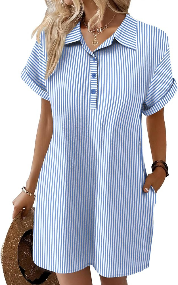 Zeagoo Womens Cotton Shirt Dress Summer Casual Short Sleeve Button Down Beach Cover Up Shirts wit... | Amazon (US)