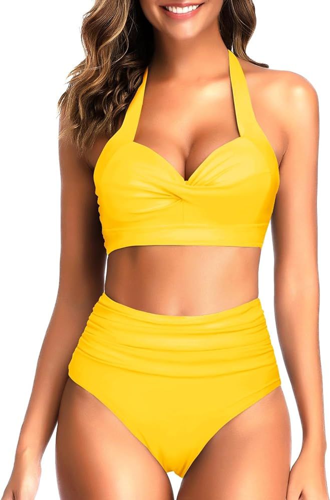 Tempt Me Women Two Piece Vintage Swimsuit Retro Halter Ruched High Waist Bikini with Bottom | Amazon (US)