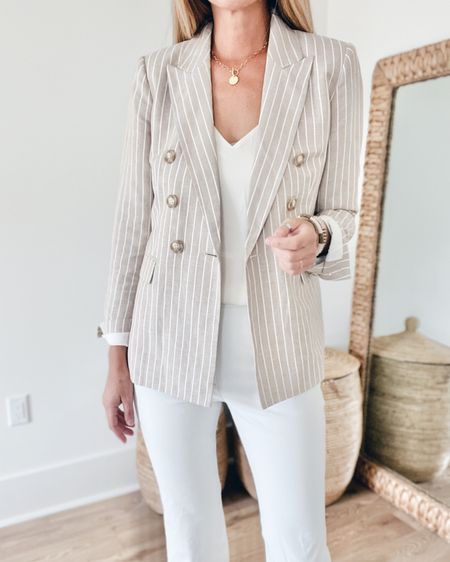 Workwear.  I sized down one in the blazer to size zero and have small tall in the white pants. Use code RACHELXSPANX for a discount and free shipping/returns on the pants.   

#LTKsalealert #LTKworkwear #LTKFind