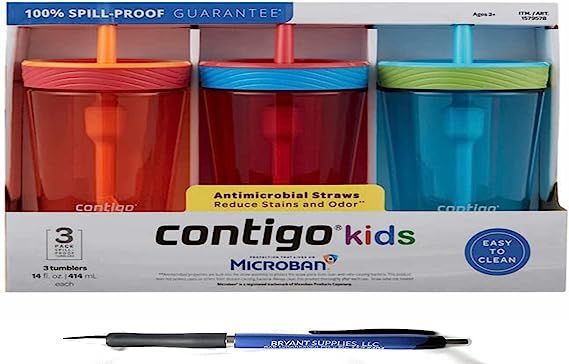Contigo Kids 3 Pack Tumblers, With Straw, Orange, Red, Blue | Amazon (US)