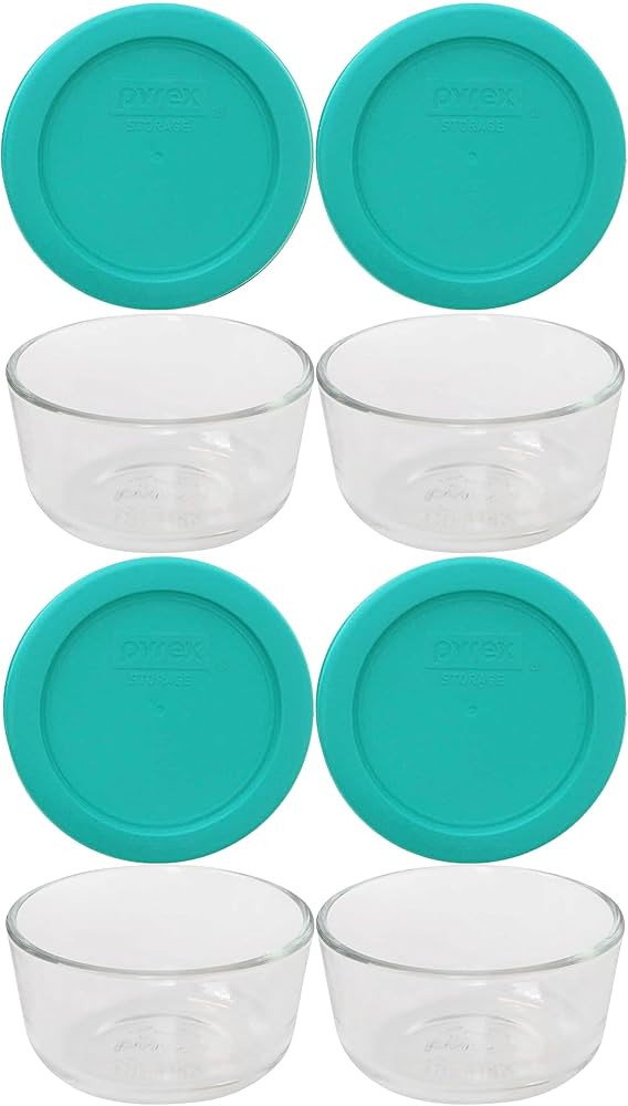 Pyrex (4 7202 1-Cup Glass Bowls and (4) 7202-PC 1-Cup Turquoise Lids Made in the USA | Amazon (US)