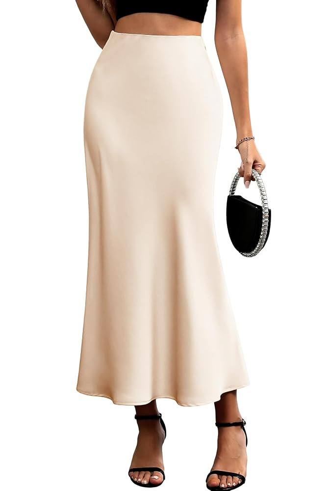 ELLEVEN Women's Maxi Satin High Waisted Skirts Elastic Waistband Party Wedding A-Line Long Silk S... | Amazon (US)