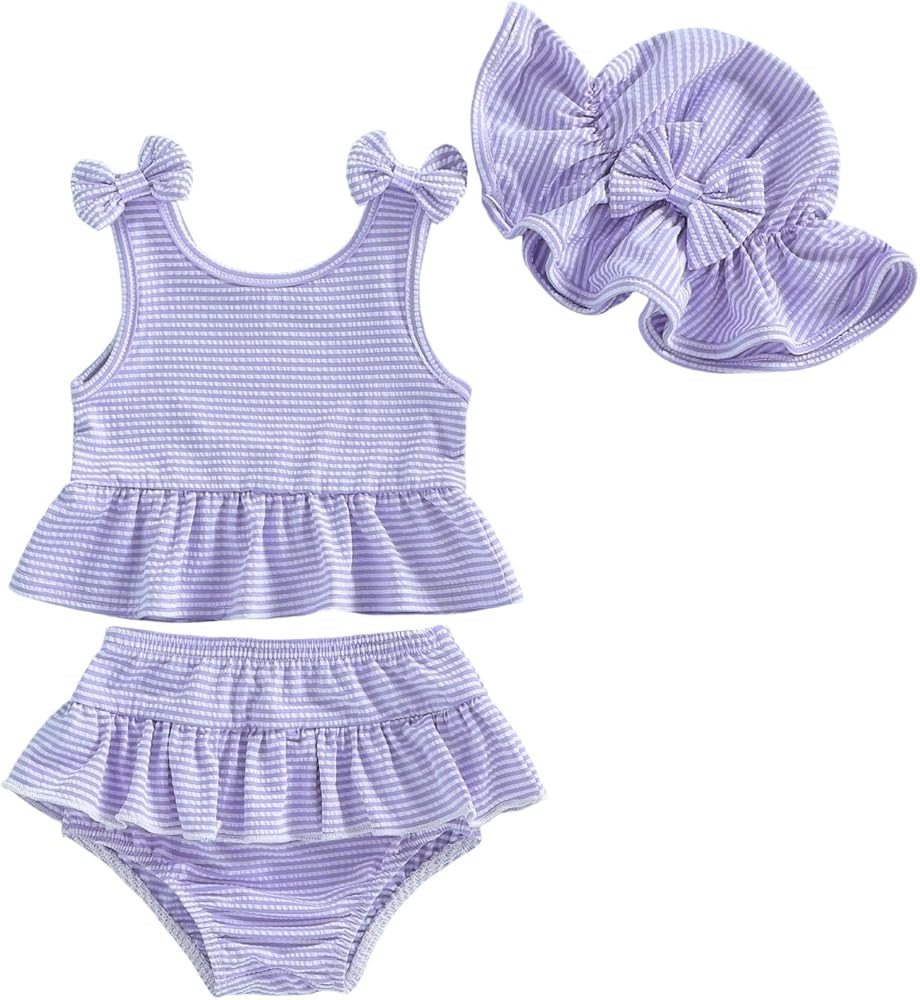 Baby Swimsuit Girl Toddler Bikini Sets Sleeveless Ruffle Striped Bathing Suit Infant Beach Swimwe... | Amazon (US)