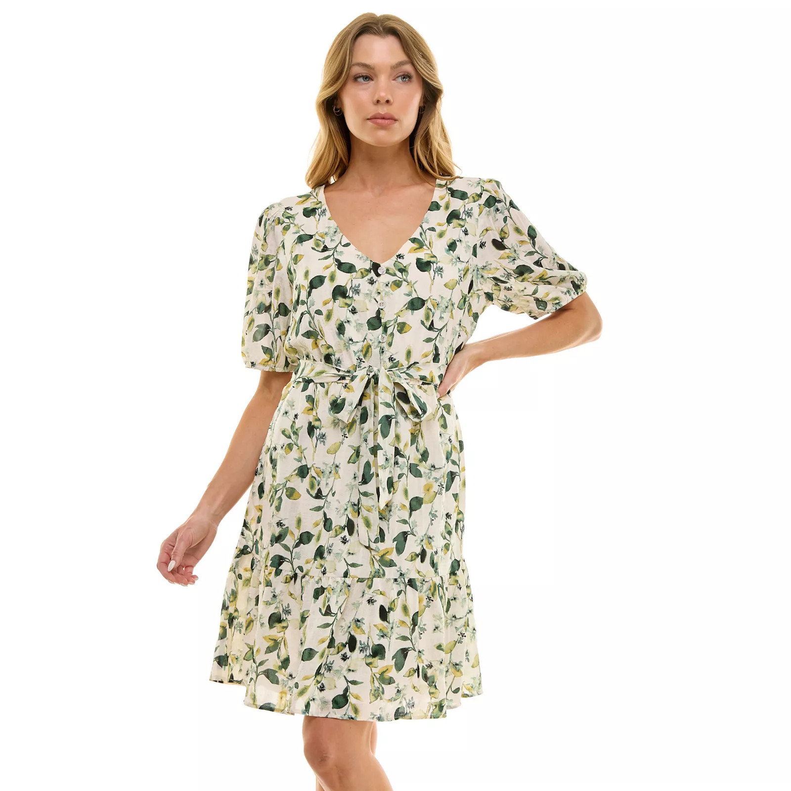 Women's Luxology Puff Sleeve Button Detail Dress, Size: Medium, Ivory Olive Gold | Kohl's