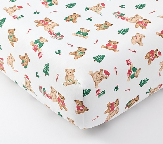 Holiday Teddy Bears Organic Crib Fitted Sheet | Pottery Barn Kids