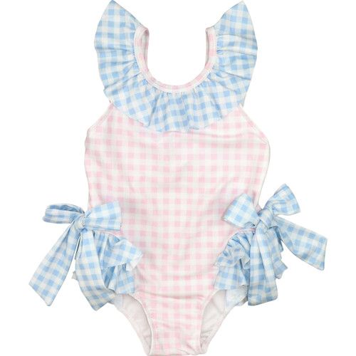 Pink And Blue Check Lycra Bow Swimsuit | Cecil and Lou