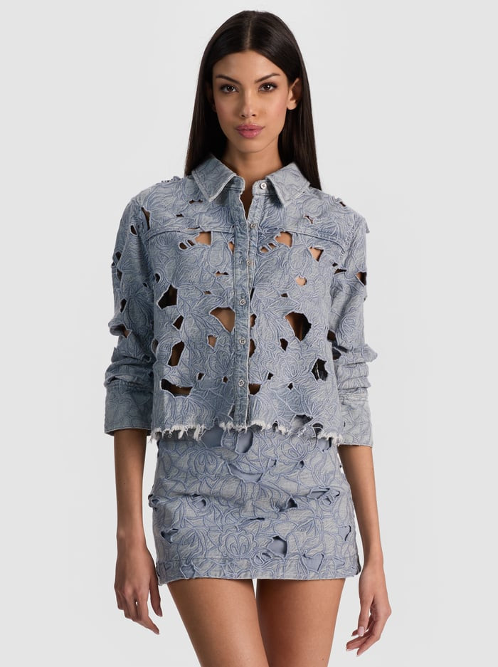 FINELY LASER-CUT DENIM SHIRT | Alice + Olivia