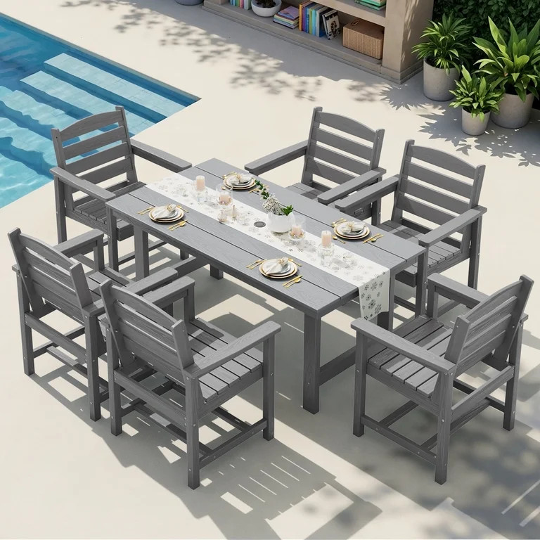 KINGYES 7-Piece Outdoor Dining Set, HDPE Patio Table and Chairs with Umbrella Hole, Gray | Walmart (US)