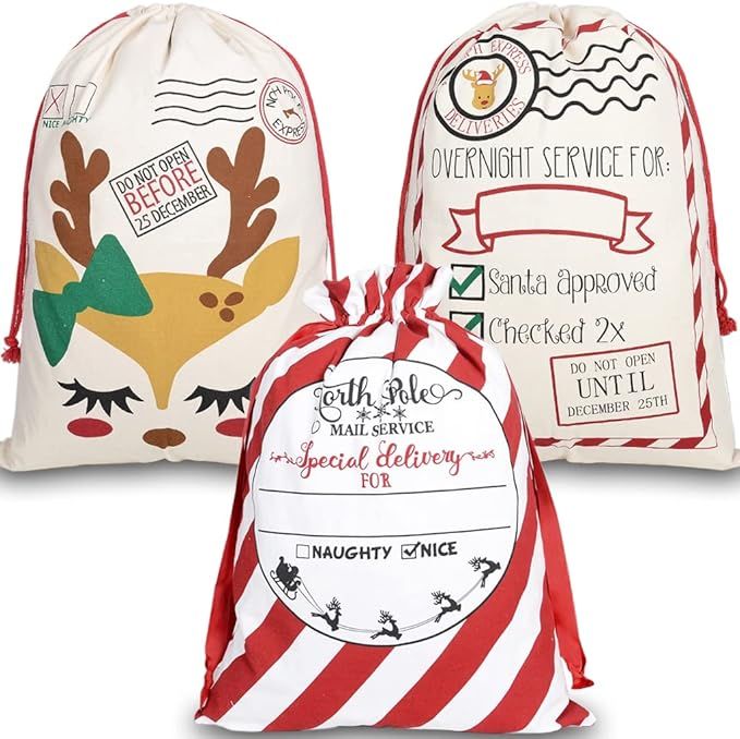 GKanMore 3Pcs Christmas Drawstring Bags Extra Large Santa Sack 27.6"x19.7" Cotton Santa Bag for C... | Amazon (US)