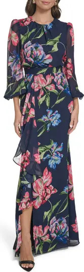 Floral Long Sleeve Ruffle Chiffon Dress | Nordstrom