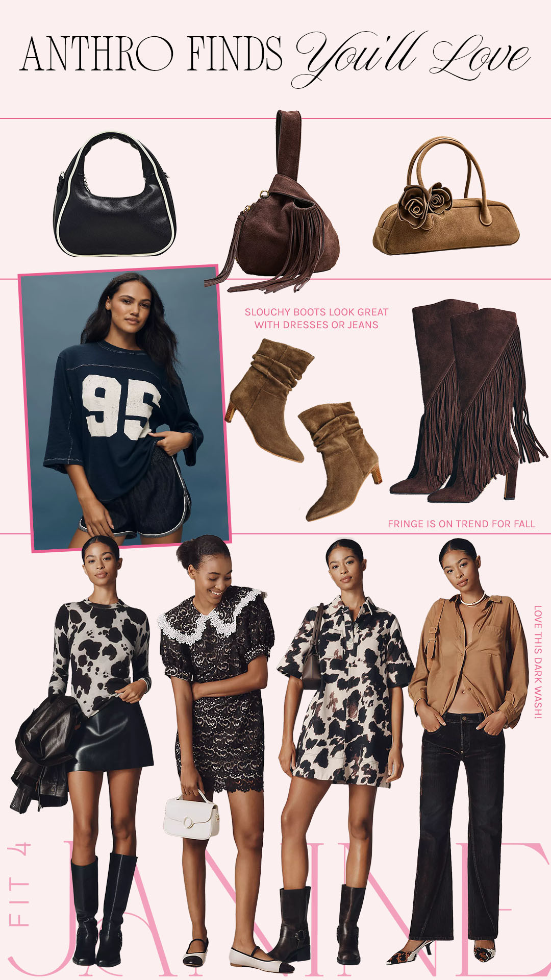 Nothing says Fall then some gorgeous and FUN pieces from Anthropologie! Loving the suede and fringe trend, coupled with some wild animal prints, tweed, Varsity tees, and trendy denim! What is your favorite?

Fit4Janine, Fall Fashion, Dresses, Blouses, Tees, Handbags, Boots 

 #LTKSeasonal #LTKStyleTip #LTKItBag
