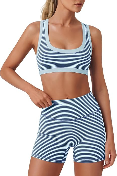 Womens 2 Piece Workout Sets Athletic High Impact Sports Bra Tummy Control Biker Shorts Gym Yoga O... | Amazon (US)