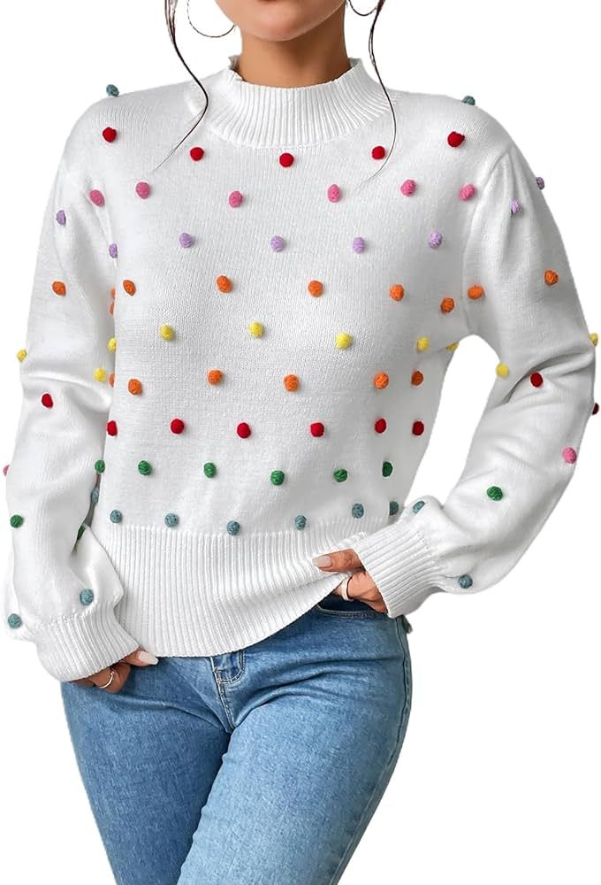 CXINS Women's 2023 Mock Neck Lantern Sleeve Rainbow Colorful Pom Pom Sweater Pullover Elegant Kni... | Amazon (US)