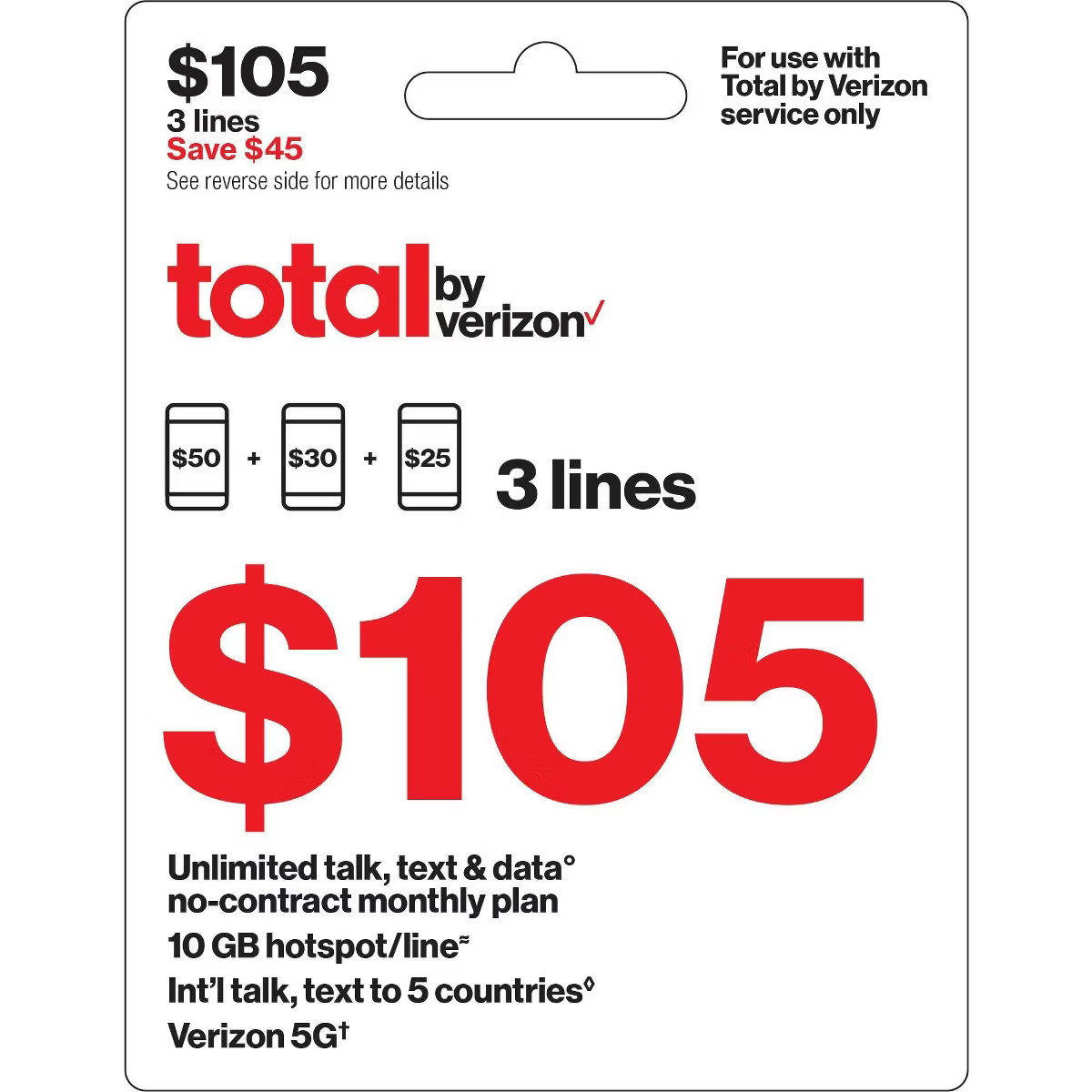 Total by Verizon $105 Unlimited Talk, Text & Data 3-Device No Contract Monthly Plan (Email Delive... | Target