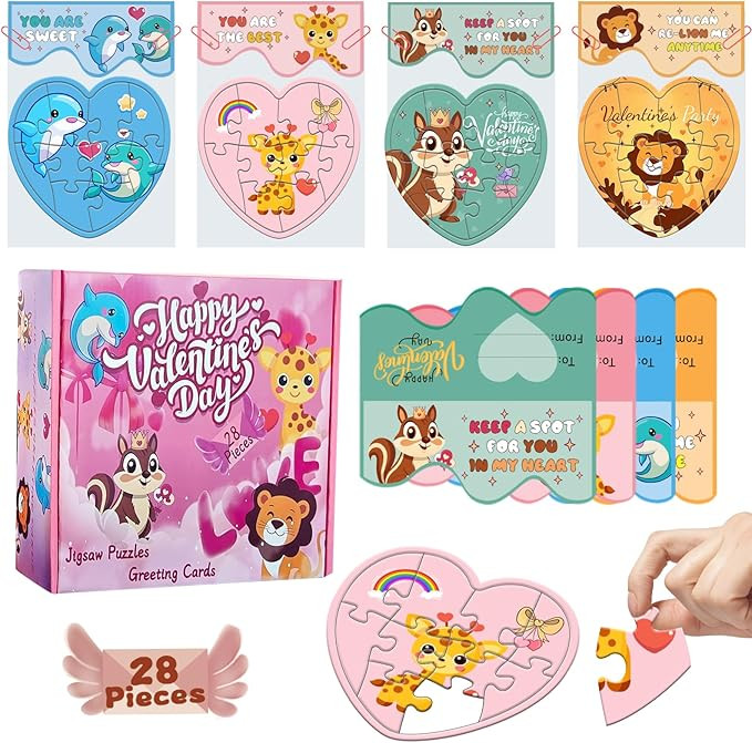 Offerife 28 Pack Valentines Day Cards for Kids School, Heart Jigsaw Puzzle Set Toddler Valentine'... | Amazon (US)
