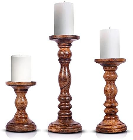Rustic Wood Pillar Candle Holders- Hand Carved Mango Wood Candle Holders for Pillar Candles in Ho... | Amazon (US)