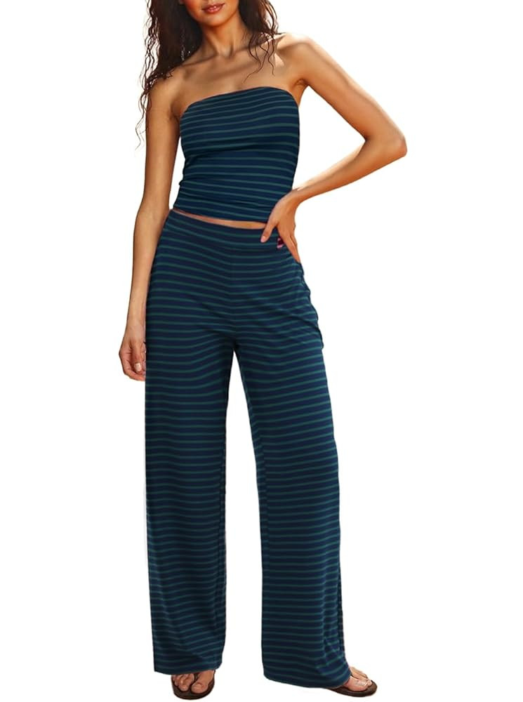 Two Piece Sets For Women Summer Outfits Lounge Sets Striped Tube Top And Pants Matching Sets Beac... | Amazon (US)