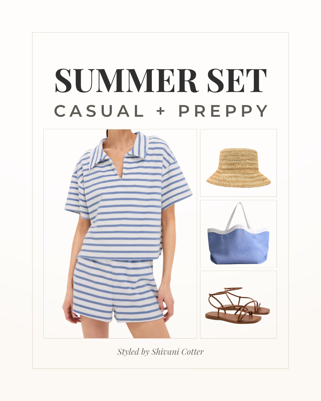 Loving this set for summer! Stripes are everything right now, and this blue and white striped matching set is perfect for casual everyday wear, the beach and more! The straw bucket hat, leather sandals, and Terry tote, finish the outfit for all your summer fun! #ltkitbag #beachbag #beachtote #springoutfit #summeroutfit #beachhat #strawhat #buckethat #strappysandals 

 

#LTKgrwm #LTKootd
