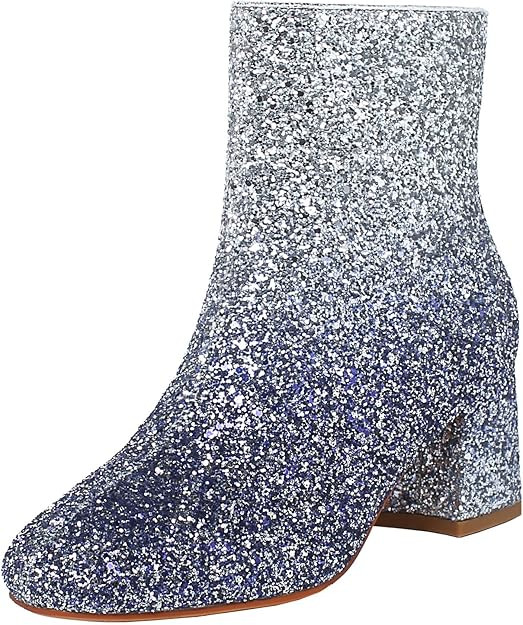 MAVMAX Women's Sequin Glitter Ankle Boots Chunky Heels Sparkly Booties | Amazon (US)