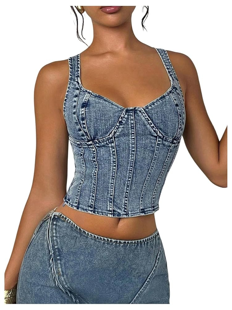 WDIRARA Women's Denim Corset Tank Top Sweetheart Neck Backless Crop Tops | Amazon (US)