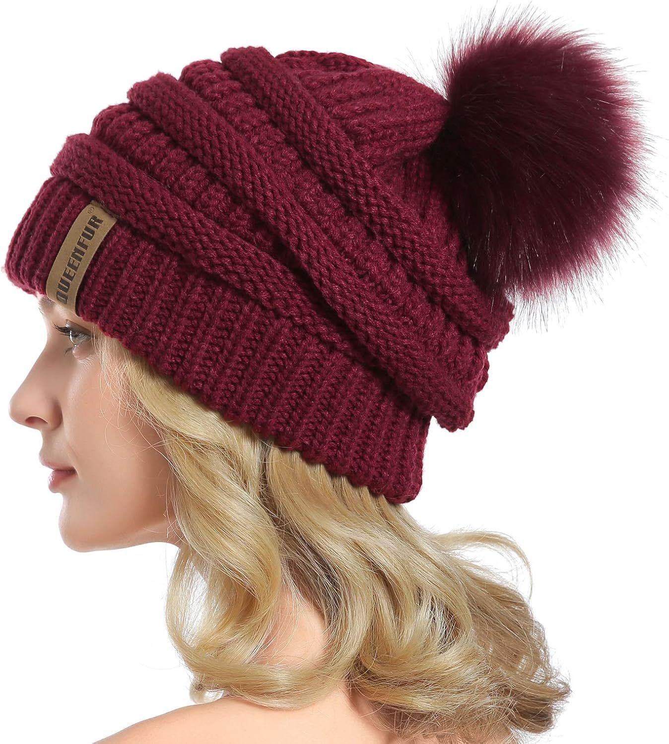 QUEENFUR Women Knit Slouchy Beanie Chunky Baggy Hat with Faux Fur Pompom Winter Soft Warm Ski Cap | Amazon (US)