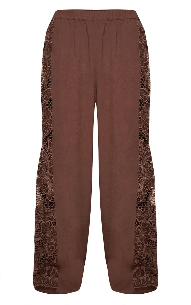 Dark Brown Floral Lace Applique Trousers Co-ord | PrettyLittleThing UK