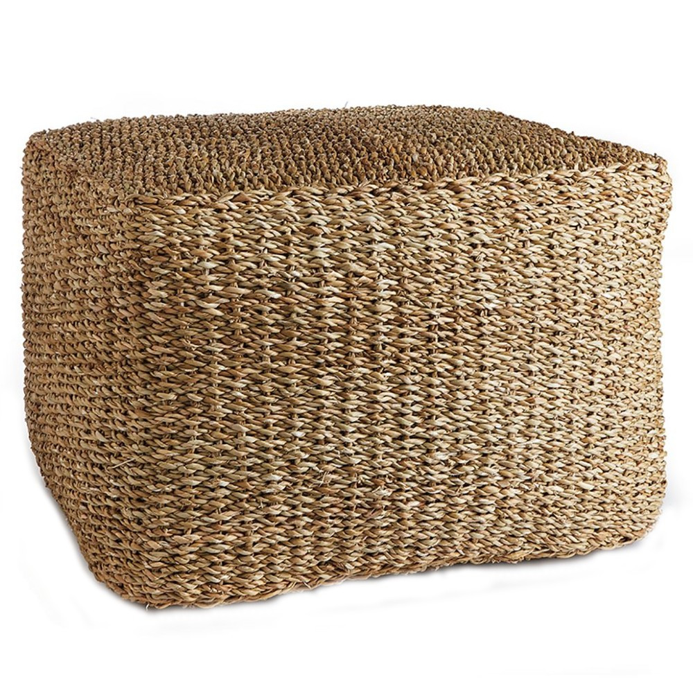 Zuri Coastal Beach Brown Woven Rattan Square Ottoman | Kathy Kuo Home