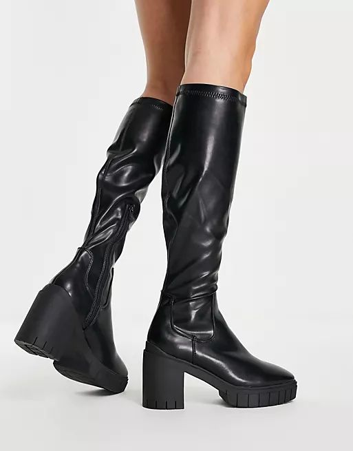 Public Desire Puncture knee high heel boots in black | ASOS (Global)