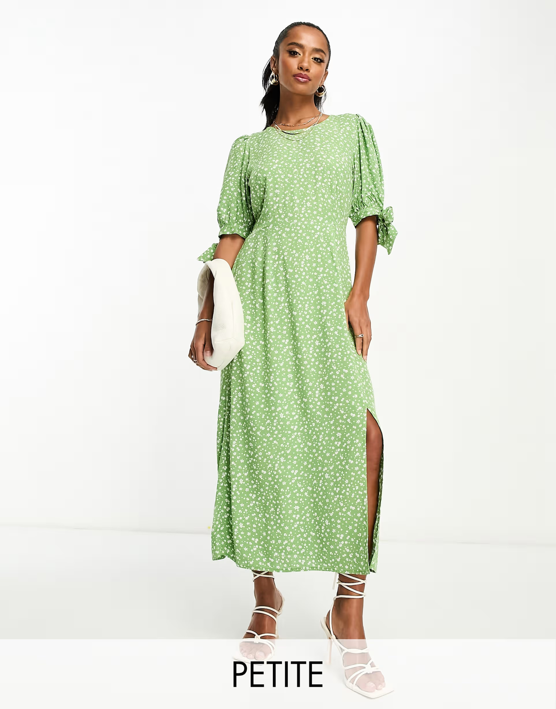 Nobody's Child Petite Esme tie sleeve midi dress in ditsy green floral | ASOS (Global)