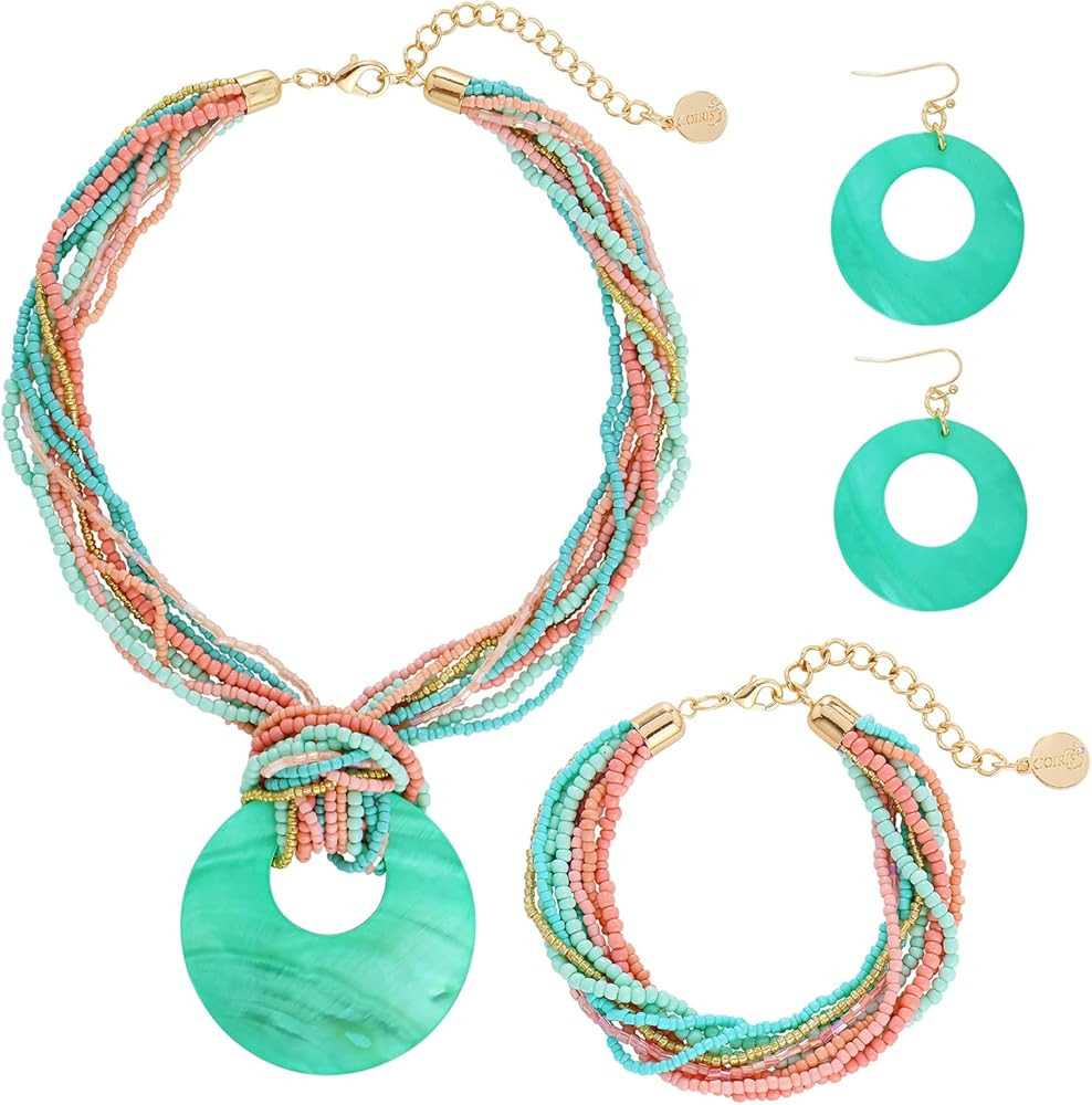 Coiris Multi Strand Statement Colorful Beaded Necklace with Big Circle Shell Pendant for Women | Amazon (US)
