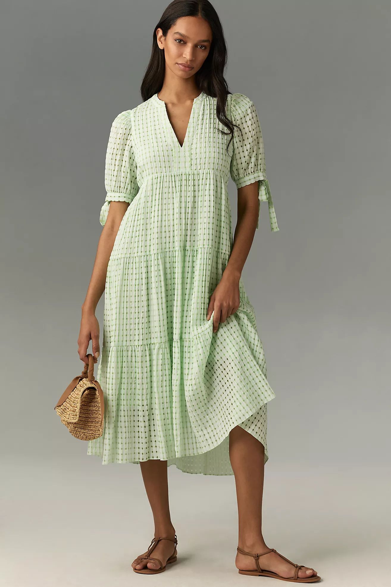 English Factory Short-Sleeve Gingham Tiered Midi Dress | Anthropologie (US)