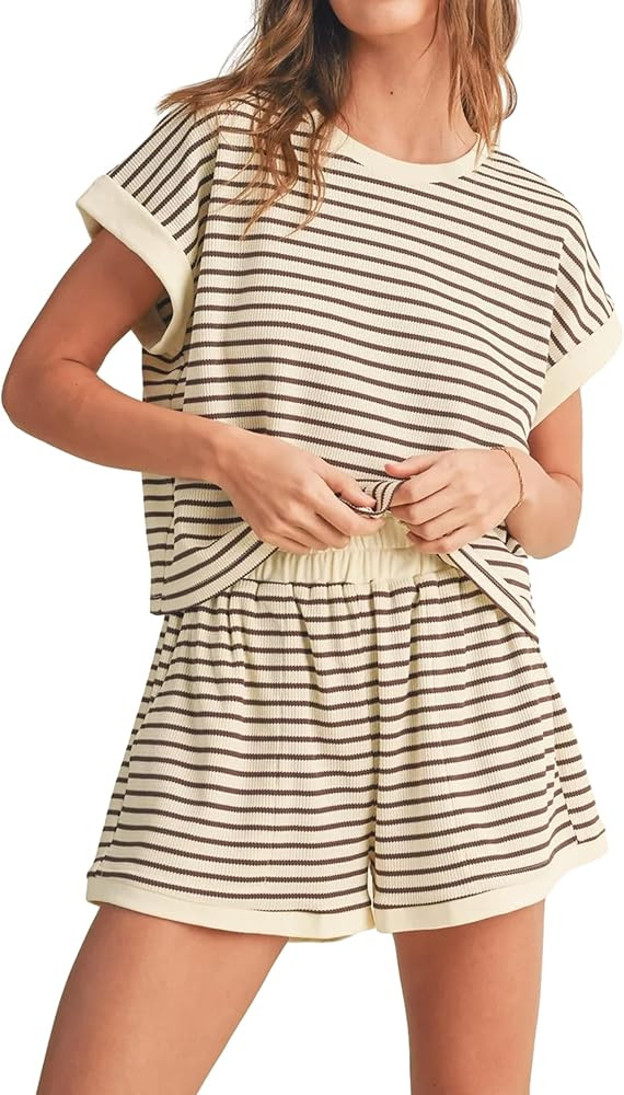 Women 2 Piece Lounge Set Striped Pattern Knit Tops Shorts Matching Set Summer Causal Tracksuit Ou... | Amazon (US)