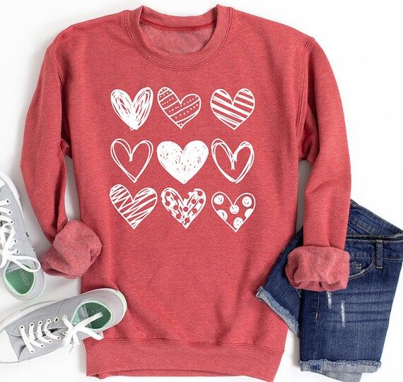 Womens Sketched Stacked HEARTS Valentines Day Sweater Valentines Day Sweater Sweatshirt oversized... | Etsy (US)