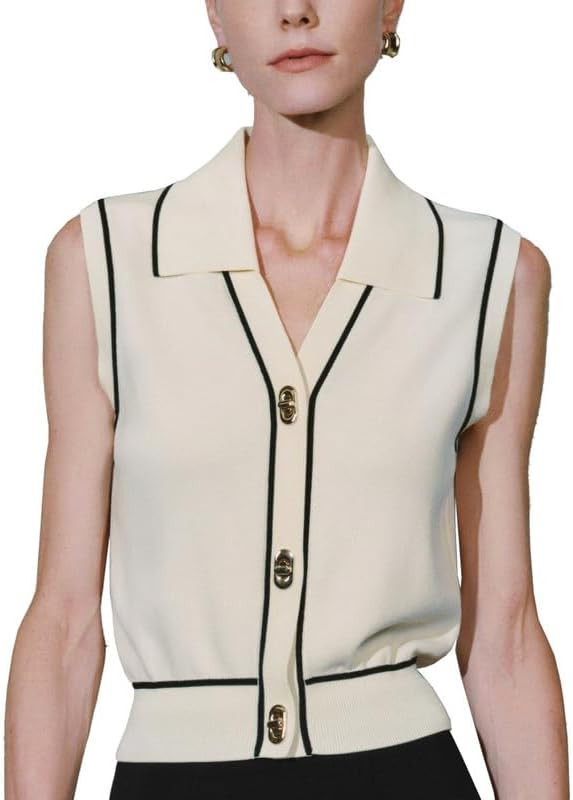 Womens Sweater Vest 2024 Sleeveless Lapel V Neck Button Down Knit Casual Tank Summer Tops | Amazon (US)
