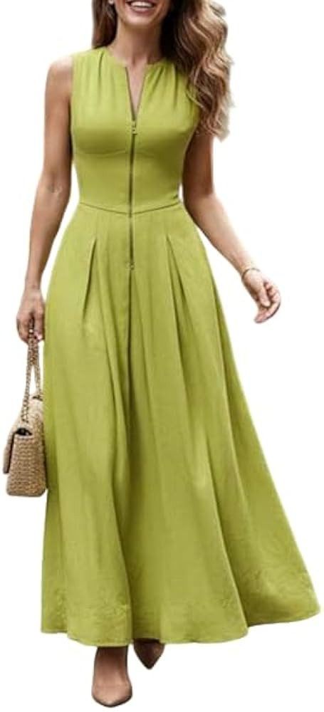 Women's Sleeveless Zip Maxi Dress High Waist Solid Casual Elegant Summer A Line Work Party Long D... | Amazon (US)