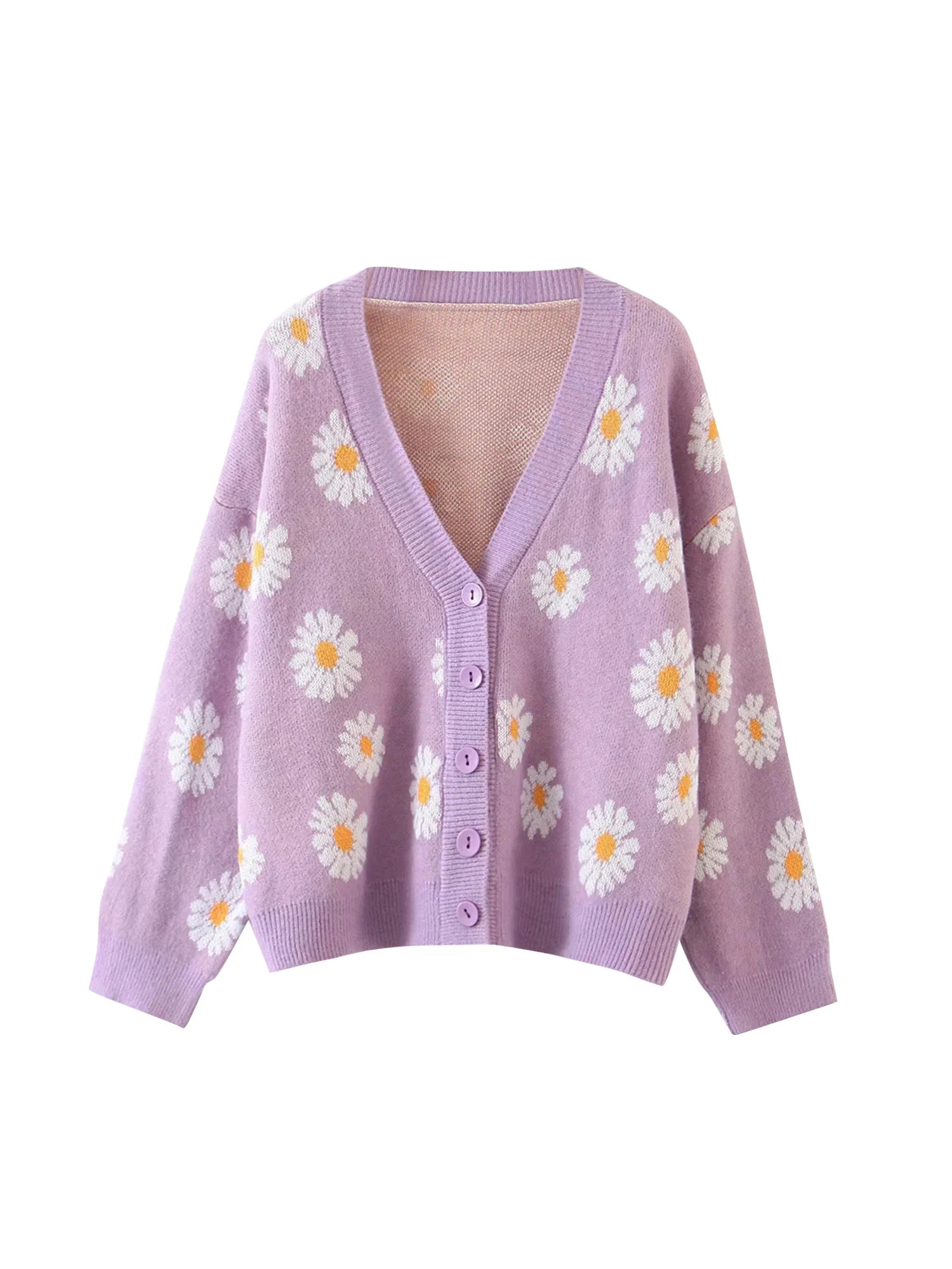 Douhoow Women Floral Daisy Knitted Cardigan Autumn V-Neck Button Sweater | Walmart (US)