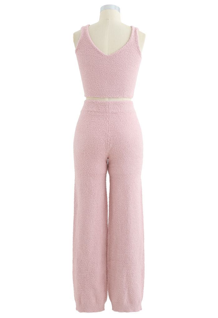 Fluffy Knit Crop Tank Top and Pants Set in Pink | Chicwish
