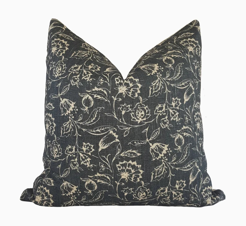 Grey Floral Farmhouse Linen Cushion Cover UK, Farmhouse Linen Pillow Cover, Floral Throw Pillow, ... | Etsy (US)