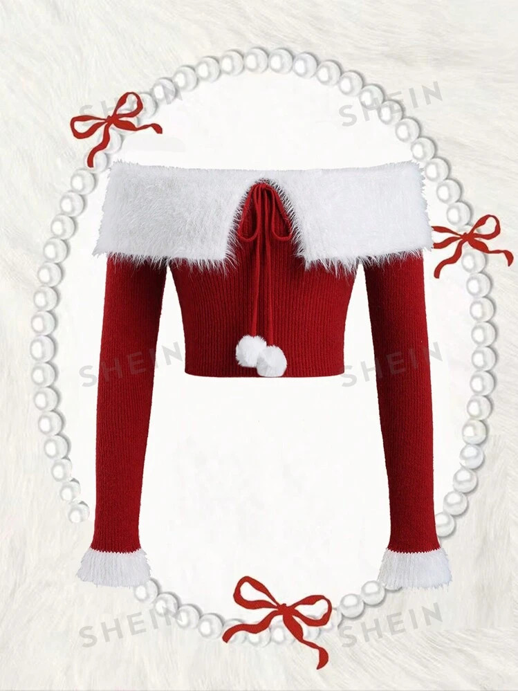 SHEIN Sweetro Christmas Red & White Contrast Color Off Shoulder Patchwork Fur Collar Bow Fuzzy Ba... | SHEIN
