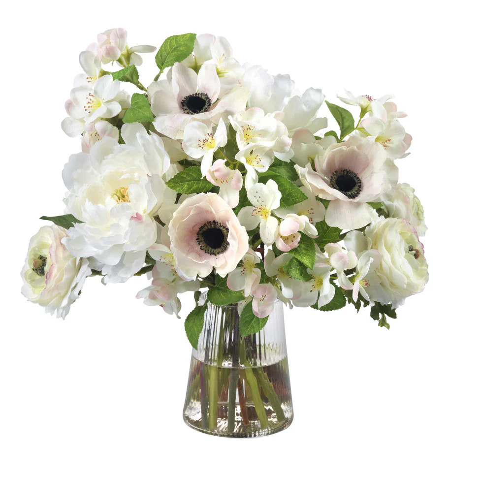 Apple Blossoms, Peonies and Ranunculus in Glass Vase | Stark Carpet