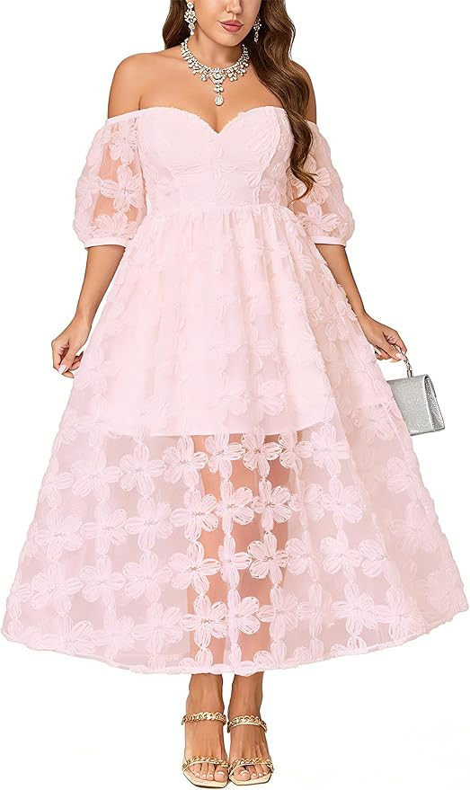 Wedding Guest Cocktail Formal Plus Size Dress M-4XL, Floral Embroidered, Hide Tummy A-Line for Cu... | Amazon (US)